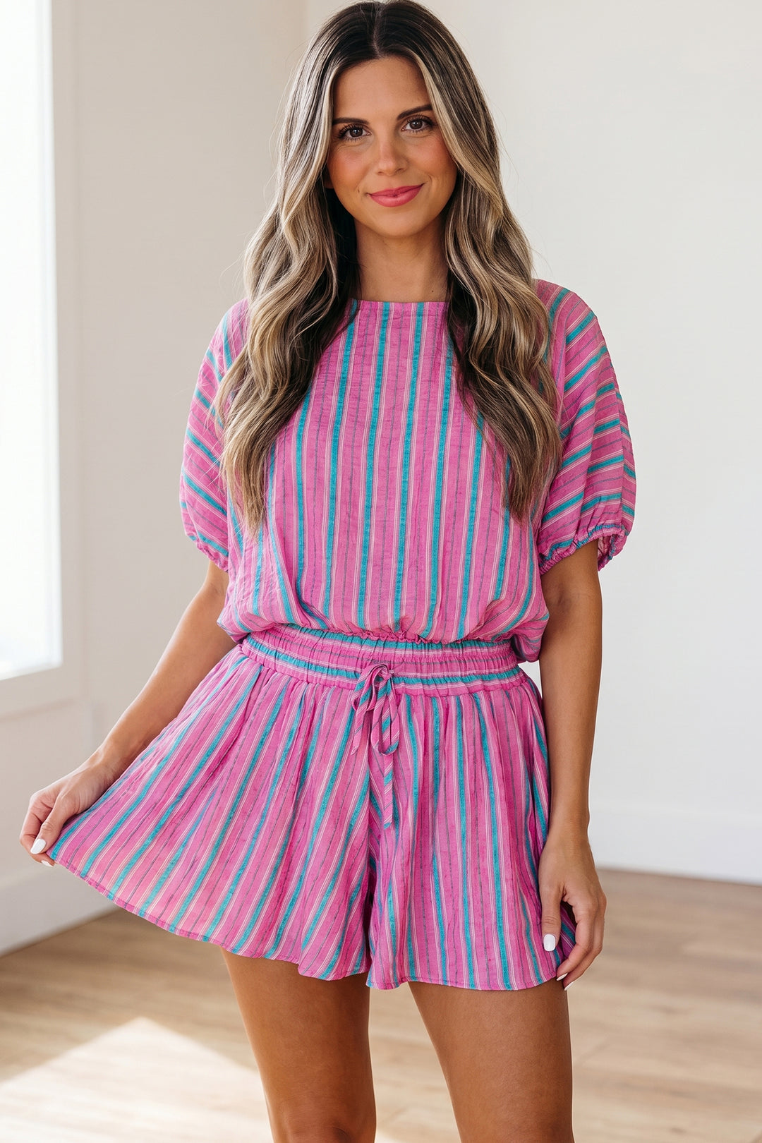 Pink Stripe Dolman Short Sleeve Blouse Drawstring Elastic Waist Loose Short Set