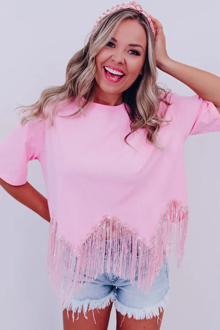 Pink Fringe Sequin Hem Cropped T-shirt -