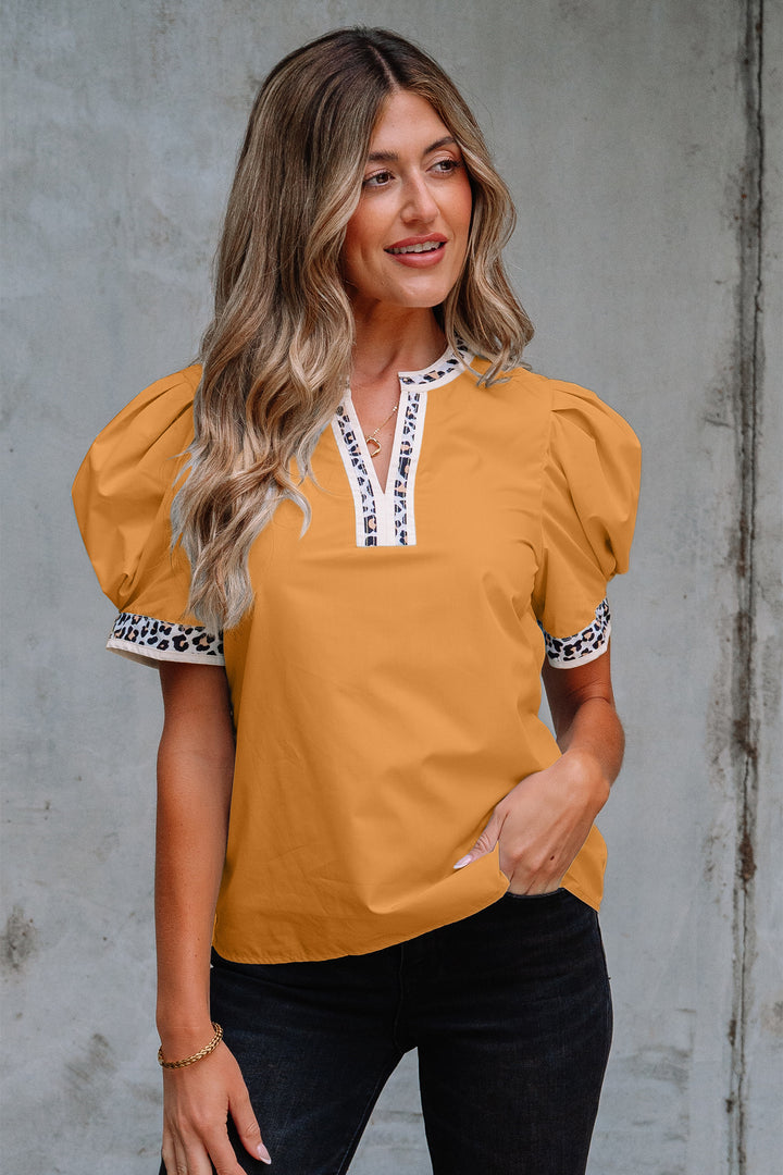Leopard Trim Split Neck Puff Sleeve Blouse