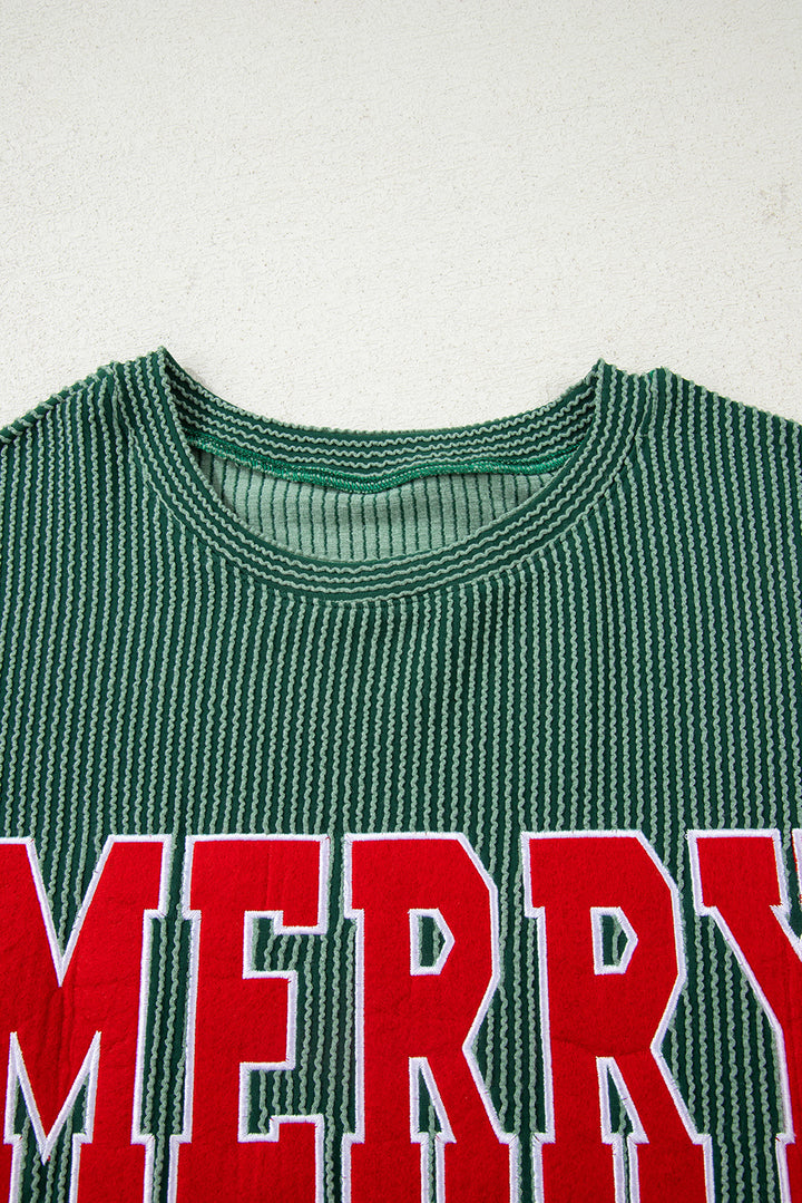 Twisted Rib Outlined Merry Letter Graphic Loose Long Sleeve Top