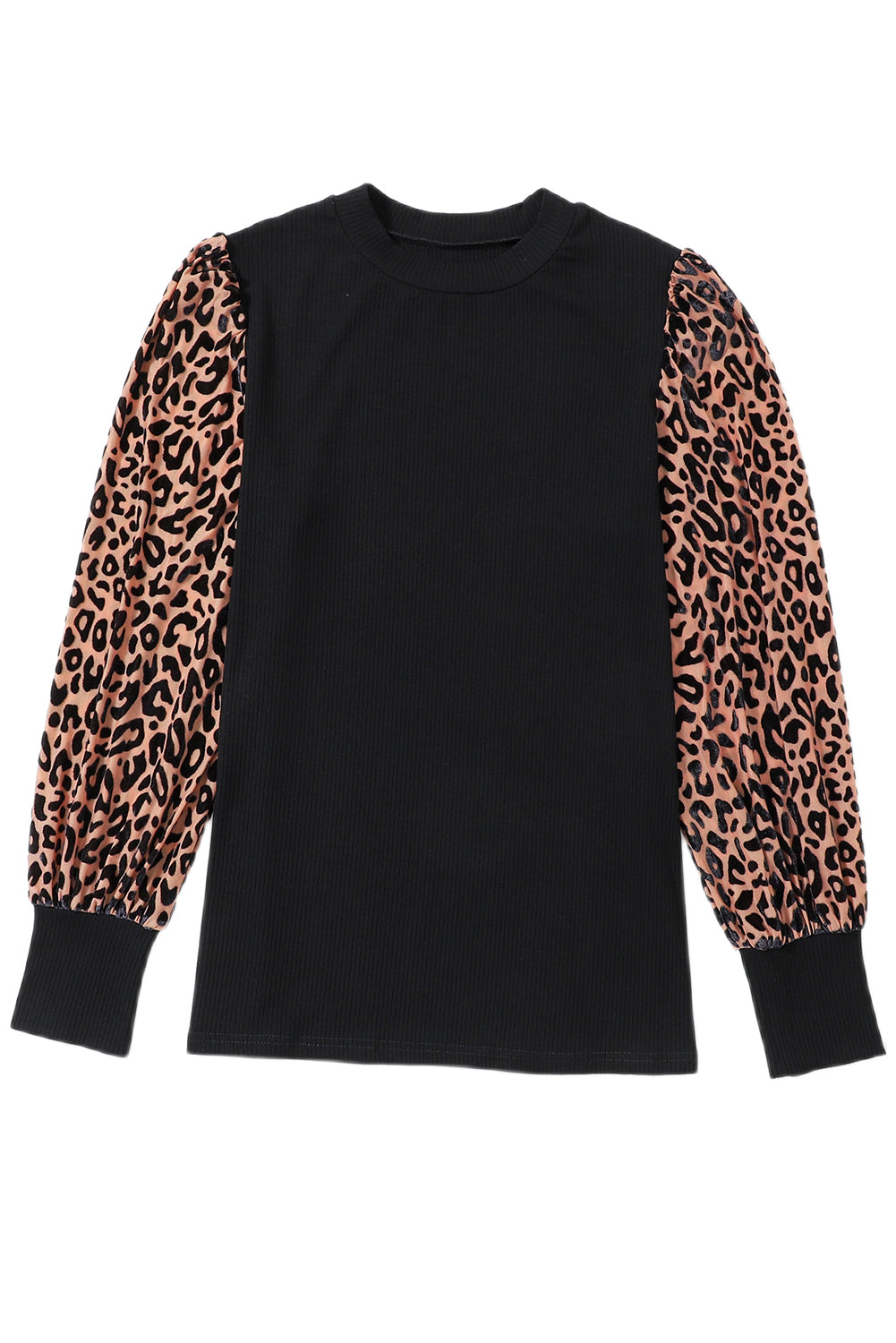 Leopard Print Long Sleeve Ribbed Knit Blouse