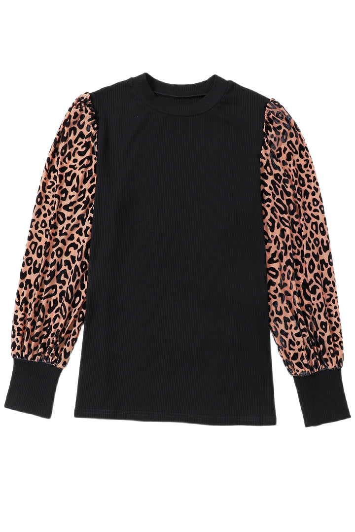 Leopard Print Long Sleeve Ribbed Knit Blouse