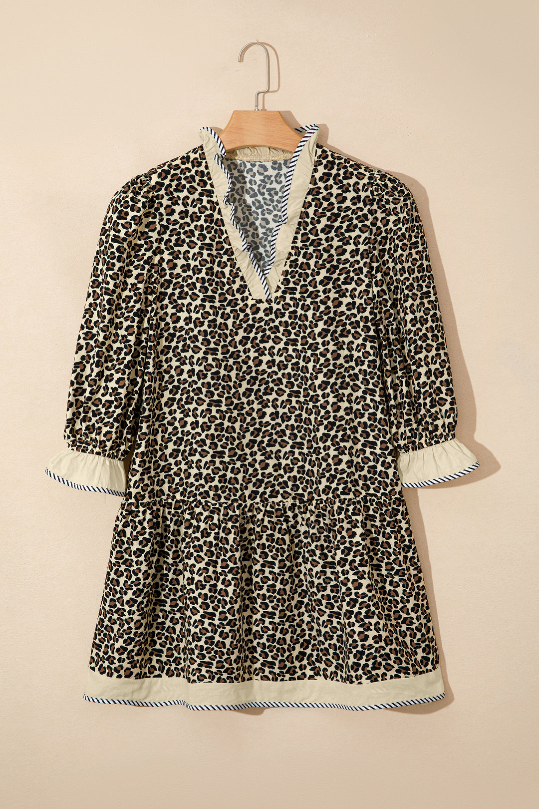 Black Leopard Print Striped Color Block Trim V Neck Bracelet Sleeve Mini Dress