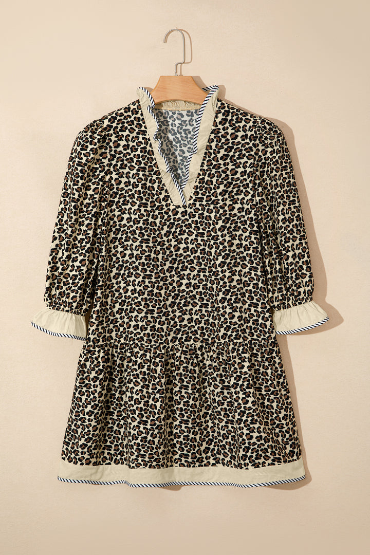 Black Leopard Print Striped Color Block Trim V Neck Bracelet Sleeve Mini Dress