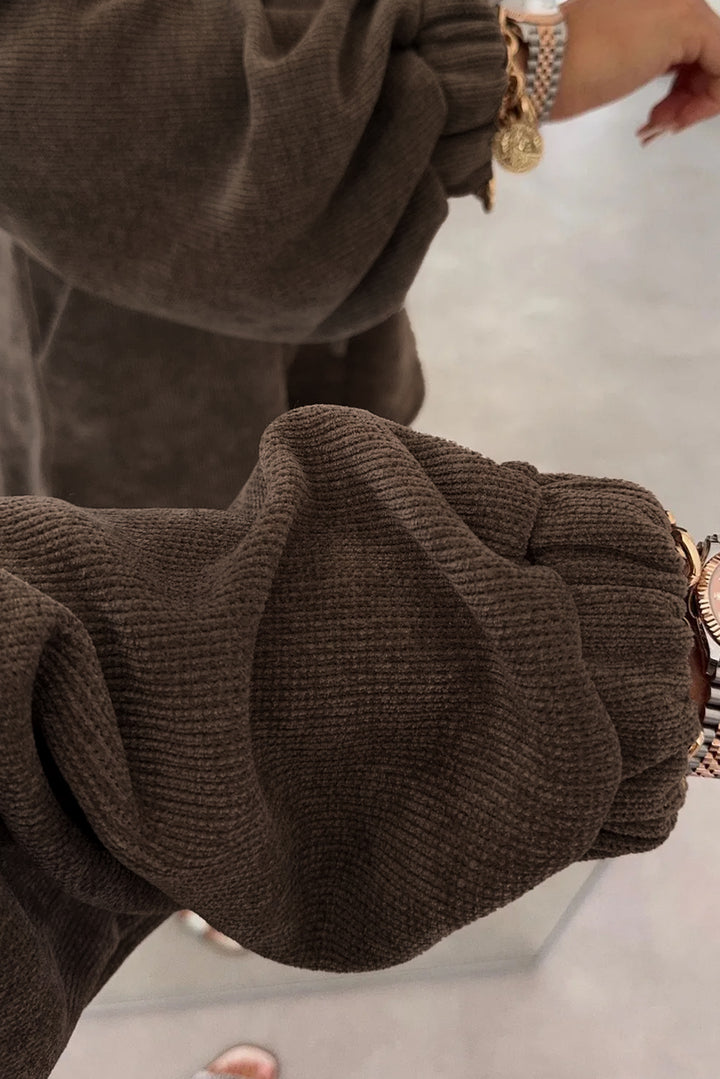 Solid Color Textured Knit Drop Shoulder Pullover Drawstring Shorts Set