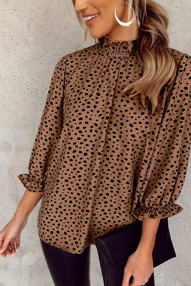 Brown Leopard Print Frill Neck 3/4 Sleeves Blouse - Brown / S