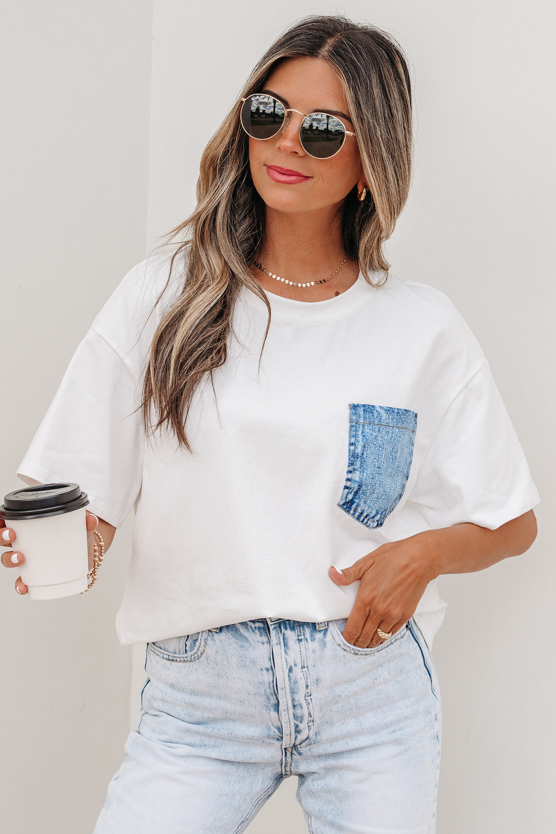 Color Block Chest Pocket Patched Casual Short Sleeve Top