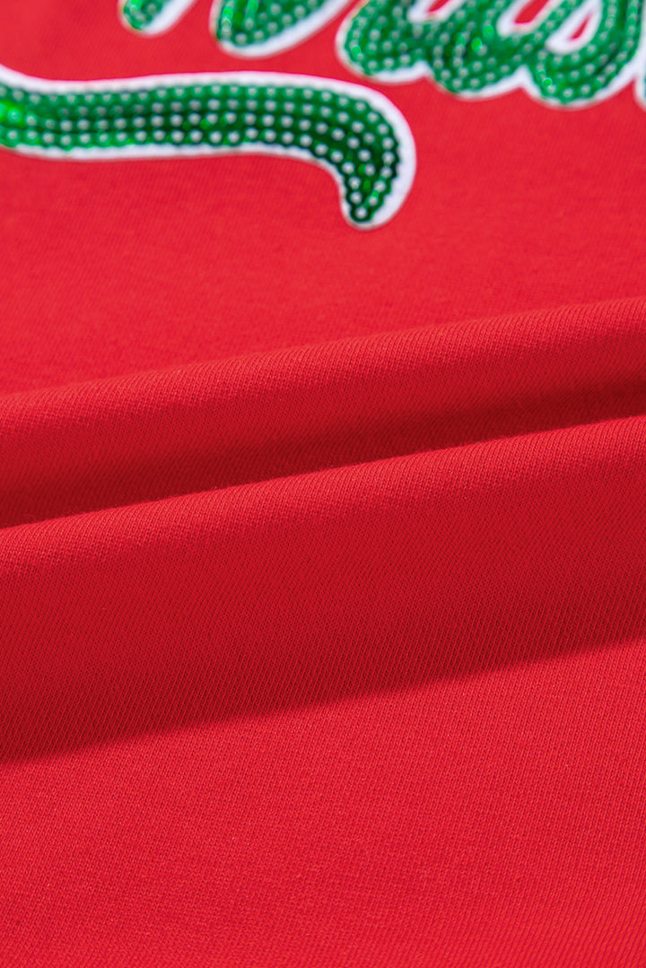 Fabric close-up of Red Merry Christmas Crewneck Drop Shoulder Loose Sweatshirt showing soft texture and vibrant red color, shop at Faith & Co. Boutique.