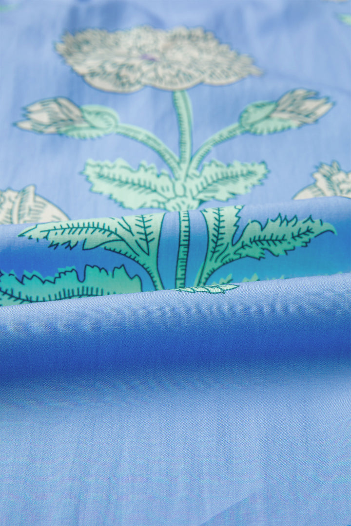 Sky Blue Plus Periwinkle Floral Printed Short Sleeve Striped Trim Split Neck Mini Dress