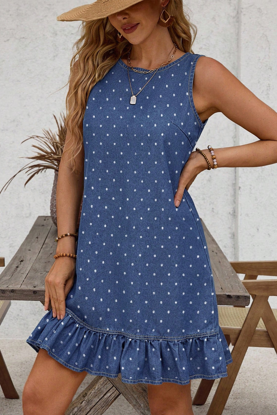 Blue Polka Dot Ruffle Hem Sleeveless Shift Dress Mini Vacation
