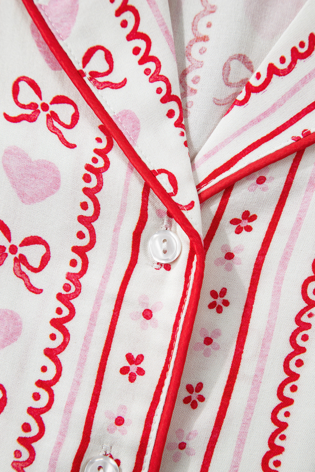 Red Cute Bow Heart Print Ribbon Decor Short 2pcs Pajama Set