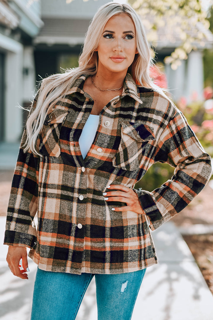 Geometric Plaid Print Pocketed Shacket -