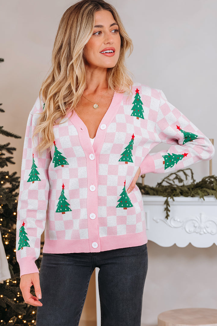 Checkered Christmas Tree Pattern Button V Neck Cardigan Sweater