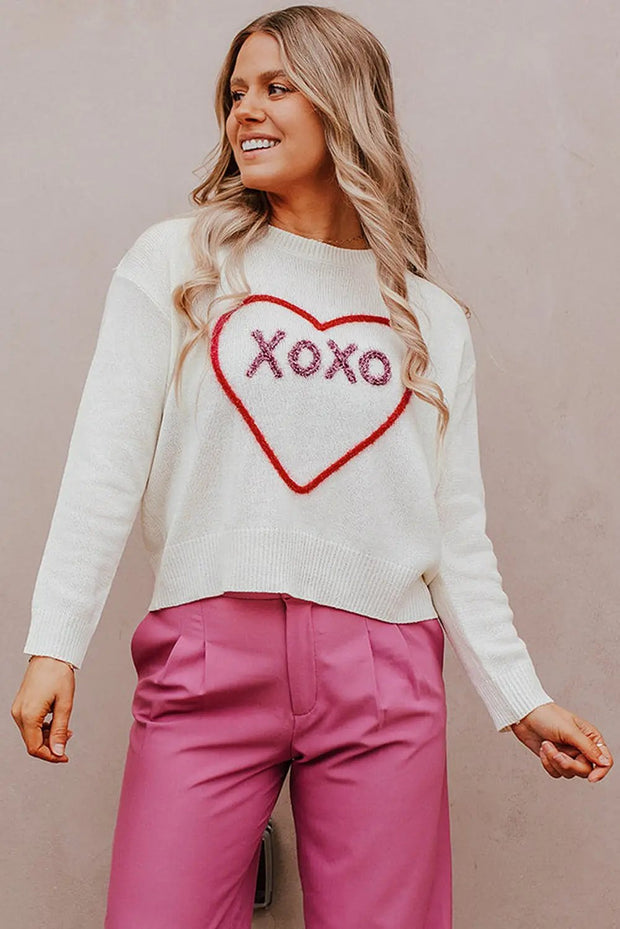 White Heart XOXO Pattern Casual Knitted Sweater -