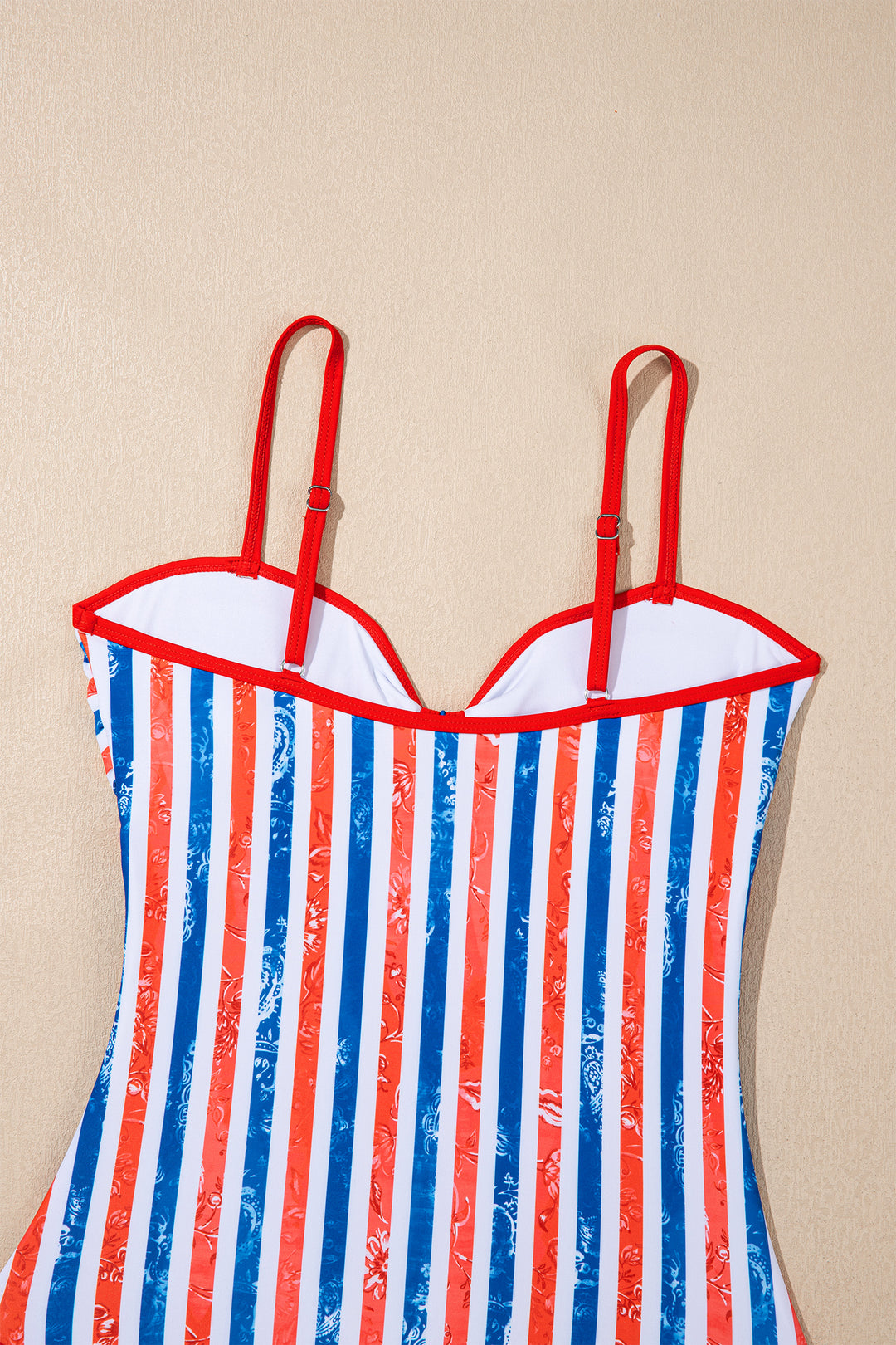 Red July 4th Stripes Star Floral Impression Cutout Spaghetti Straps One Piece Swimsuit