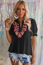 Floral Embroidered Ruffled Puff Sleeve Blouse -