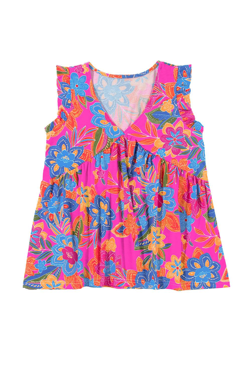 a pink top with blue and orange flowers on it