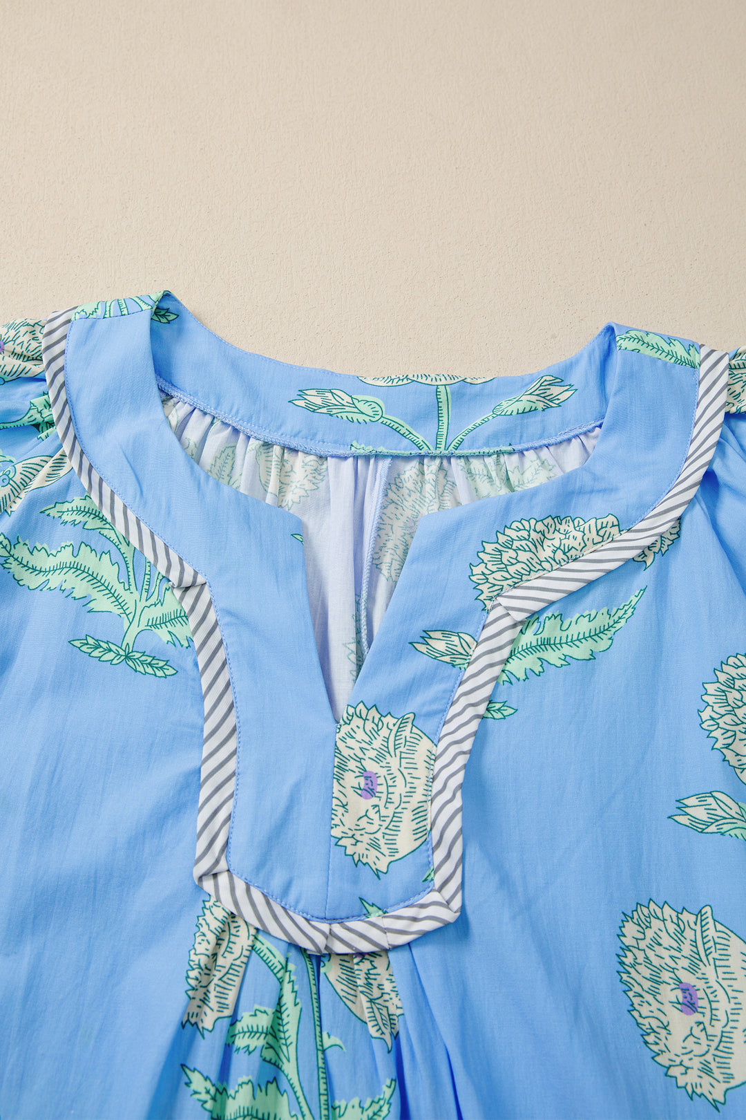 Sky Blue Plus Periwinkle Floral Printed Short Sleeve Striped Trim Split Neck Mini Dress