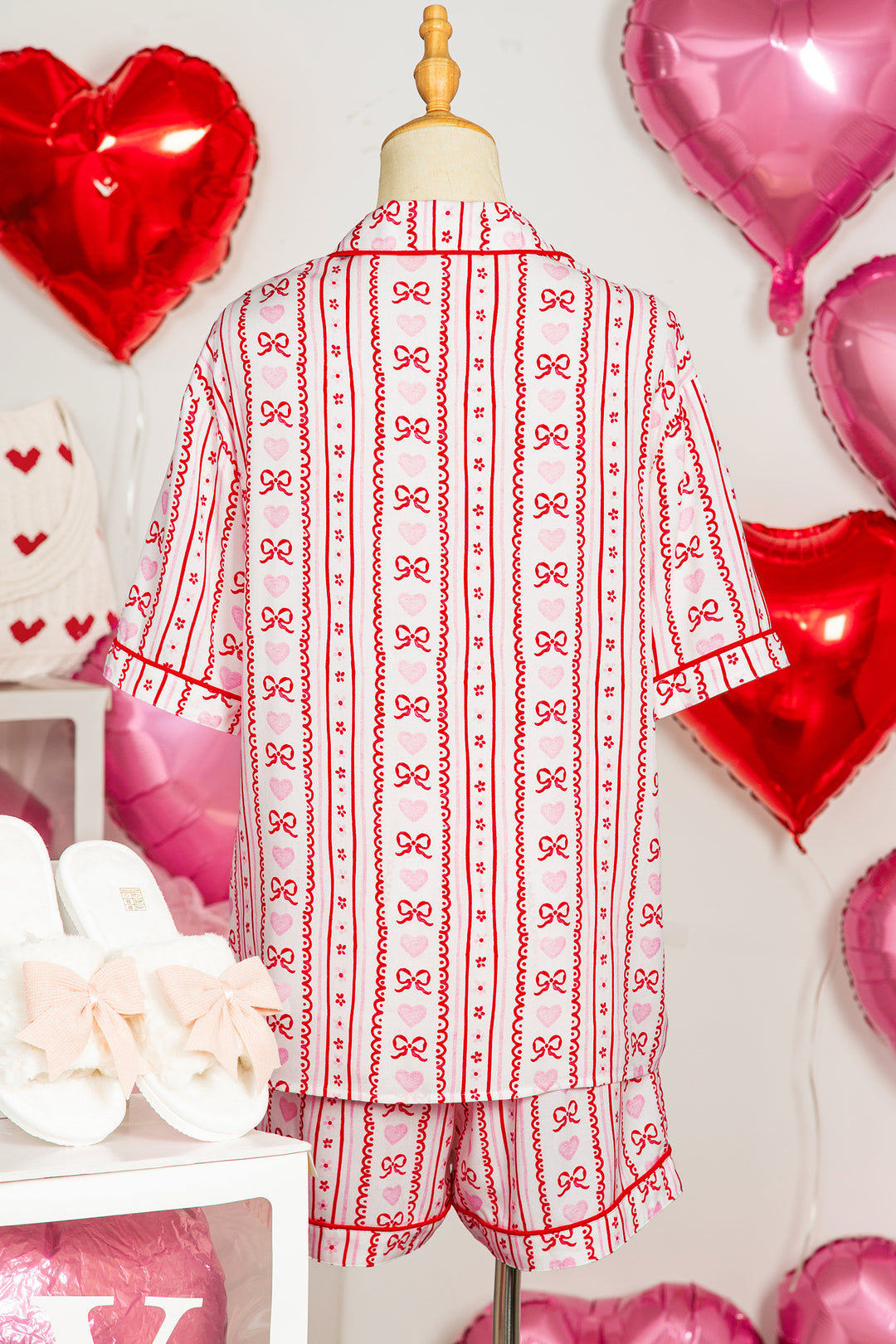 Red Cute Bow Heart Print Ribbon Decor Short 2pcs Pajama Set