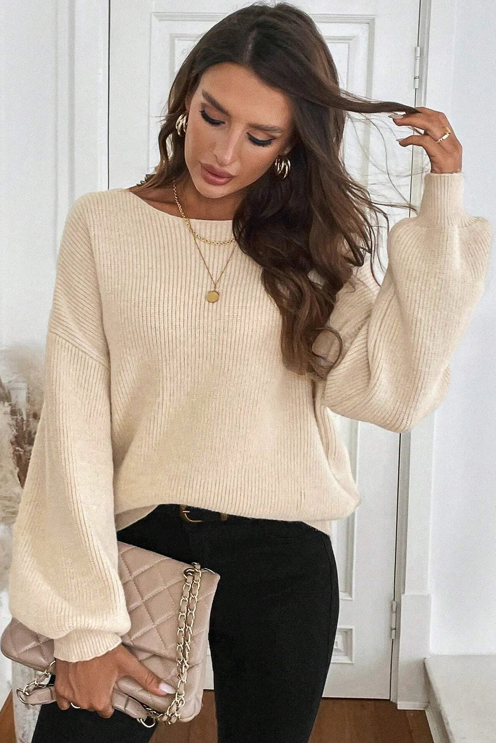 Ribbed Knit Ribbon Knot Backless Drop Shoulder Sweater