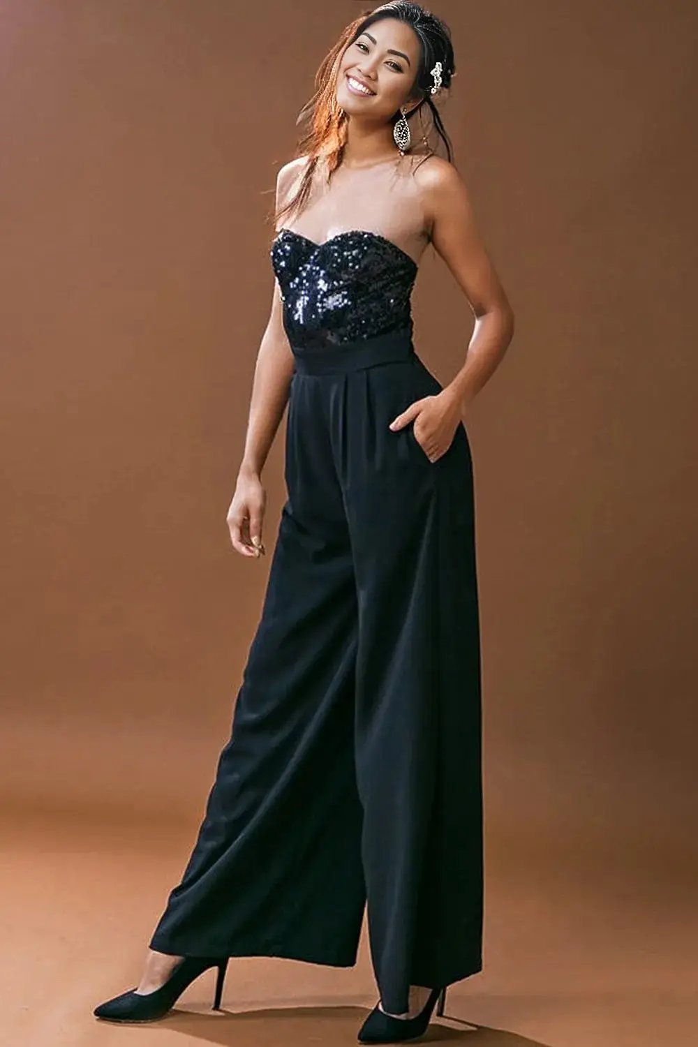 Black Sequin Tube Top Wide Leg Jumpsuit -