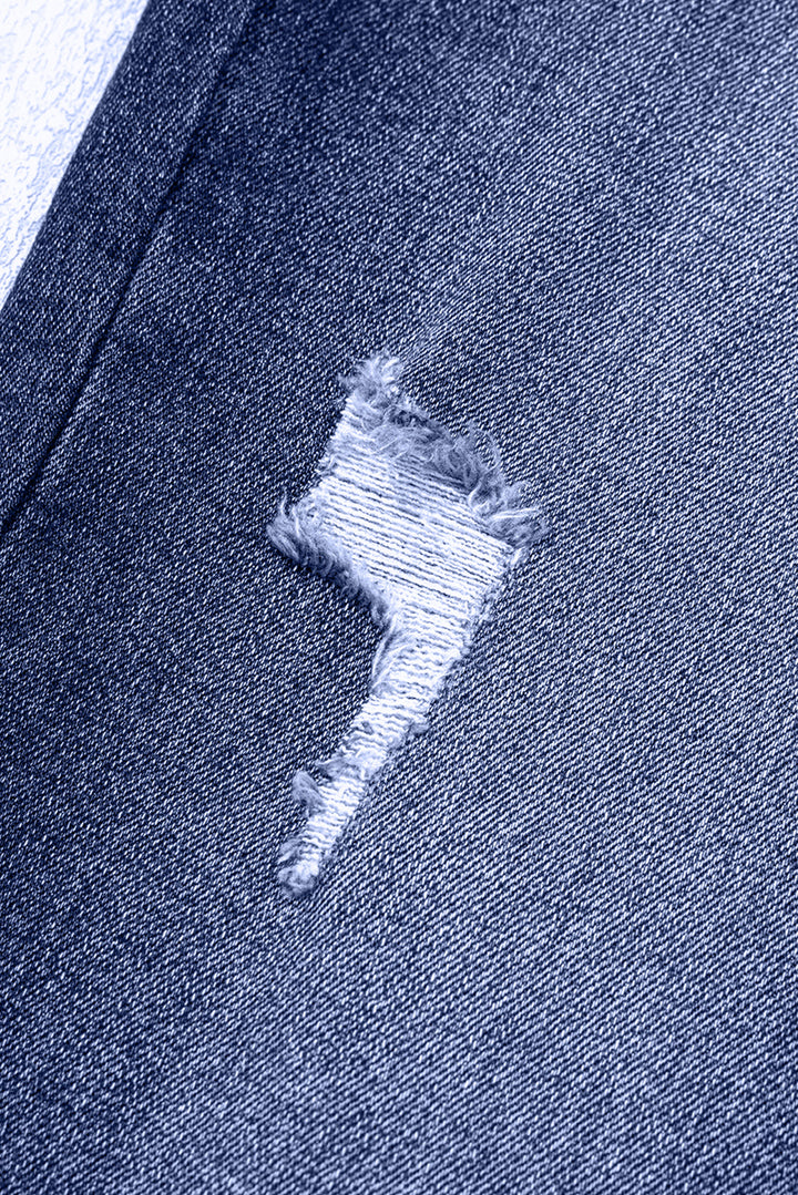 Real Teal Folded Cuffs Distressed Straight High Waist Jeans