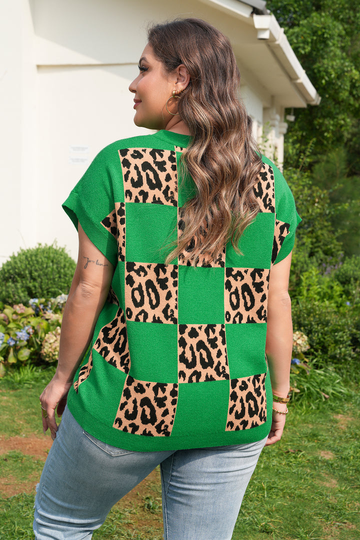Plus Size Leopard Contrasted Checkered Short Sleeve Sweater