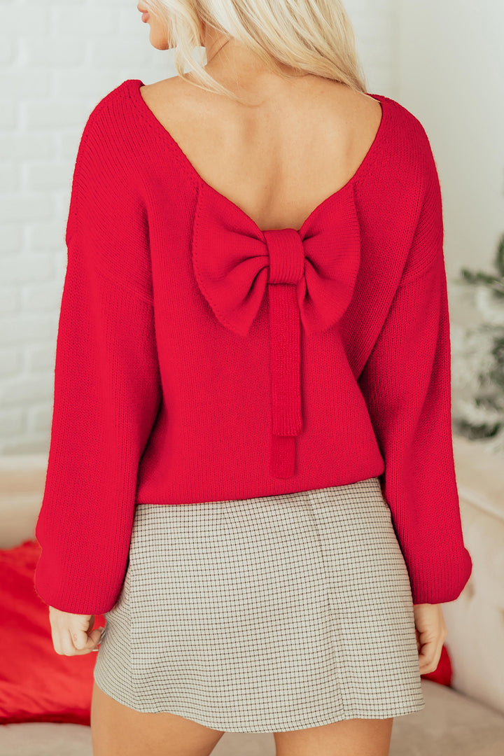 Fiery Red Festive Bow Backless Bubble Sleeve Sweater