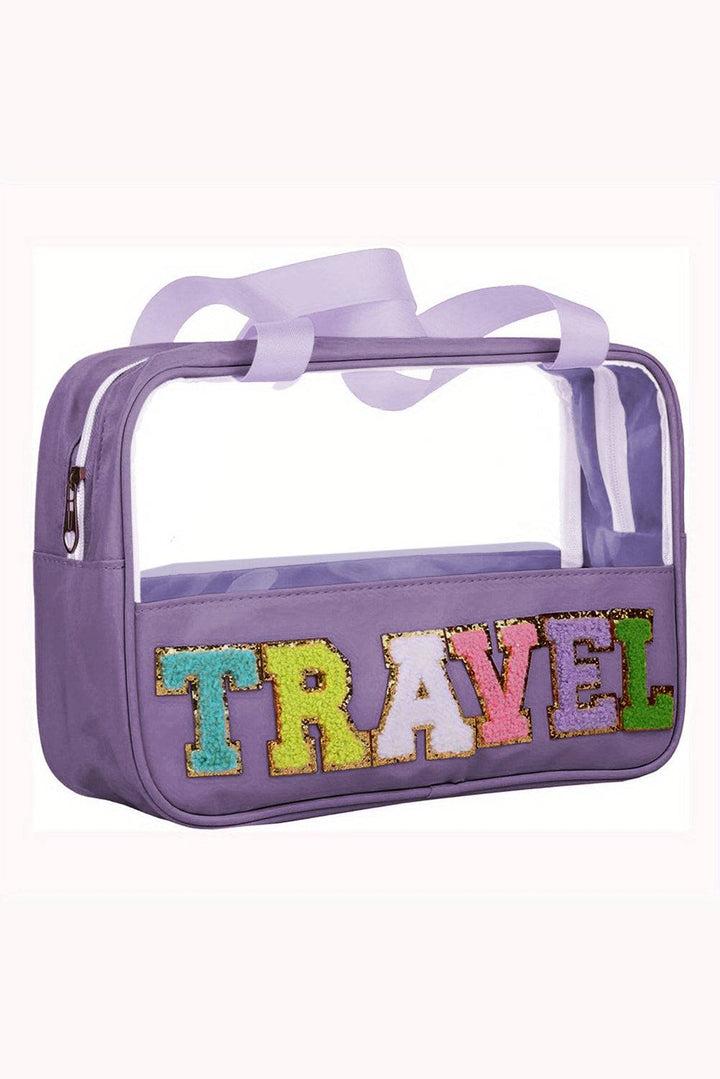 a purple bag with the word travel on it