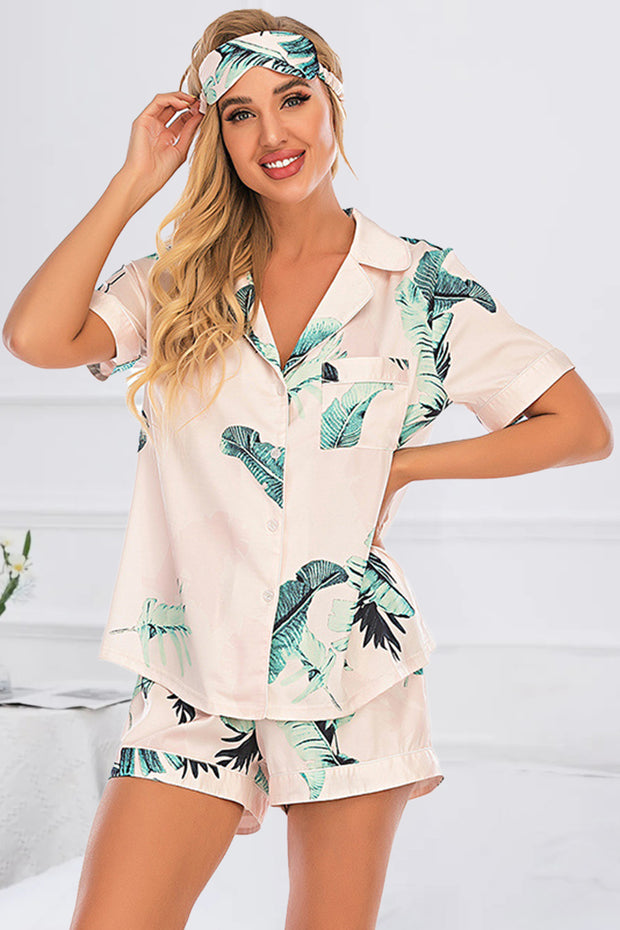 Printed Button Up Short Sleeve Top and Shorts Lounge Set - Dust Storm / S
