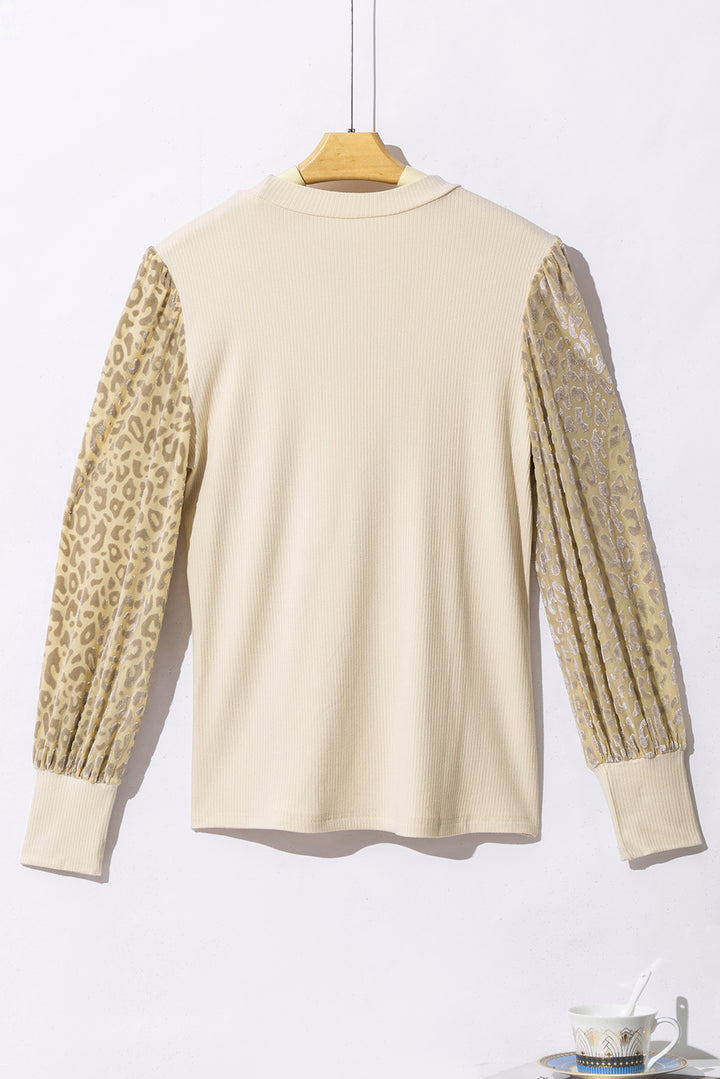 Leopard Print Long Sleeve Ribbed Knit Blouse