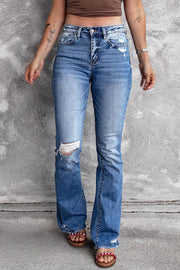 Blue Distressed Flare Jeans - Blue / S / 70%Cotton+28%Polyester+2%Elastane