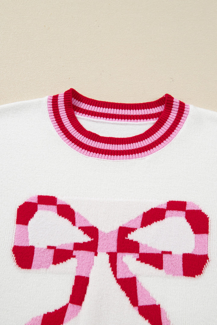 White Striped Trim Bow Graphic Round Neck Drop Shoulder Sweater