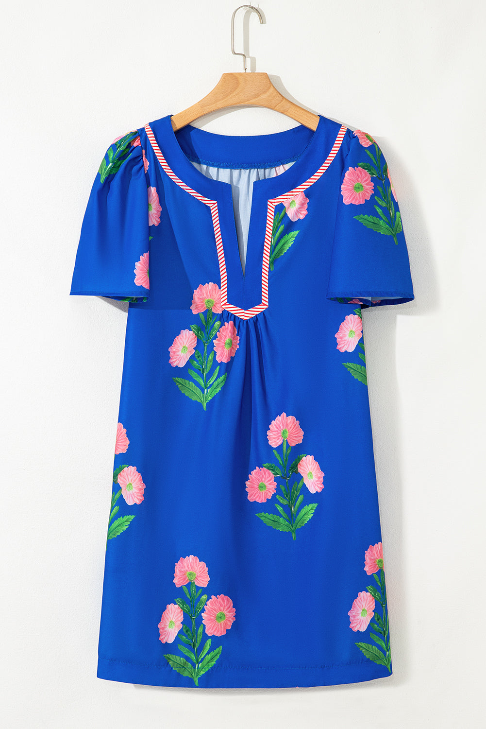 Floral Short Sleeve Split Neck Loose Mini Dress