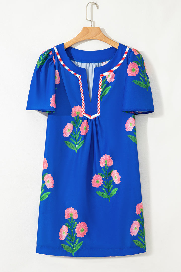 Floral Short Sleeve Split Neck Loose Mini Dress
