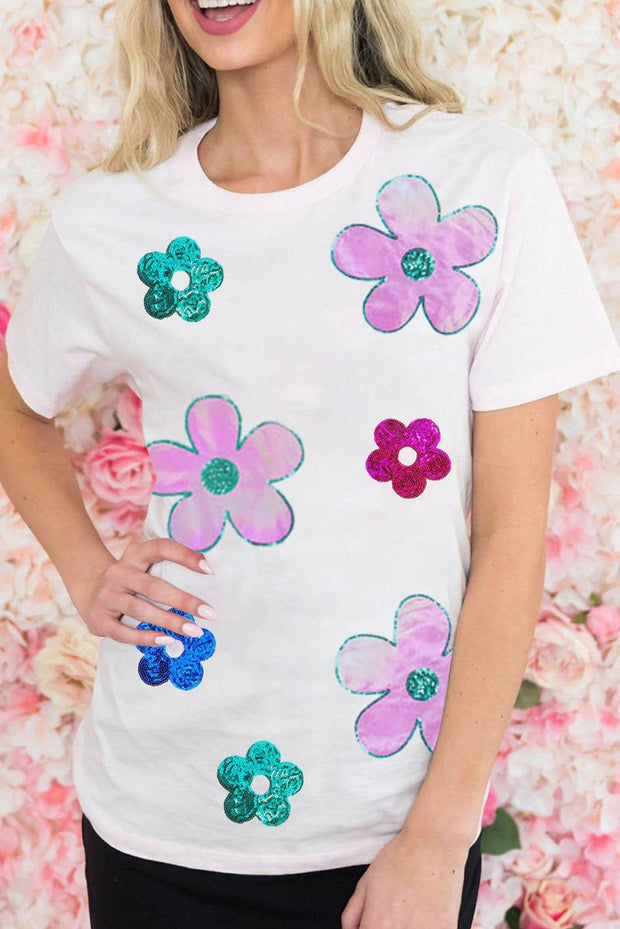 White Sequined Flower Graphic Round Neck T Shirt Faith & Co. Boutique