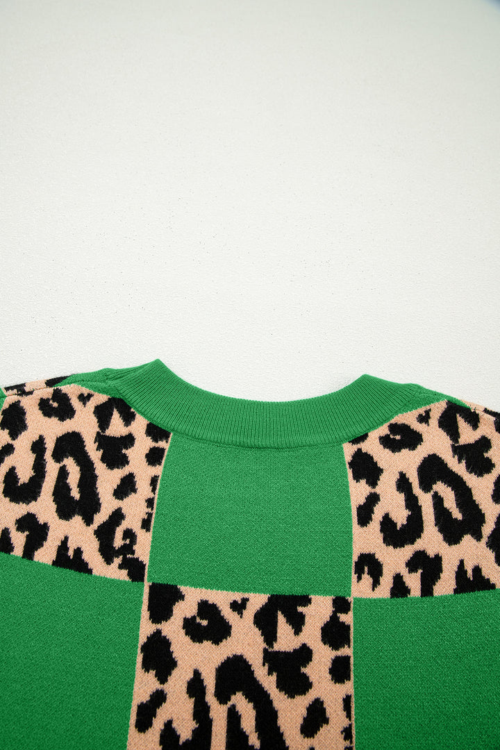 Green Leopard Checkerboard Short Sleeve Knit Sweater