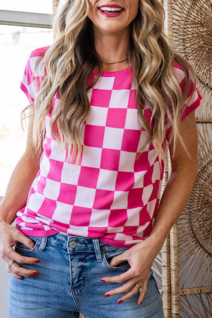 Rose Check Pattern Cap Sleeve Knitted BLOUSE