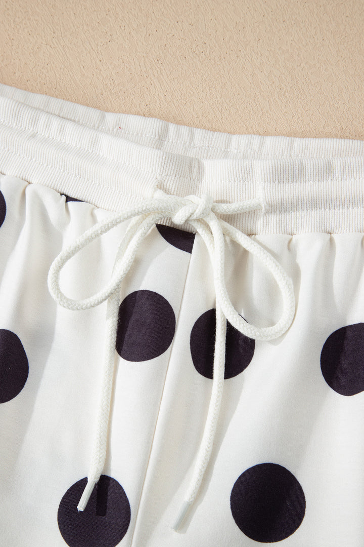 Polka Dot Print Drop Shoulder Pullover Drawstring Shorts Set