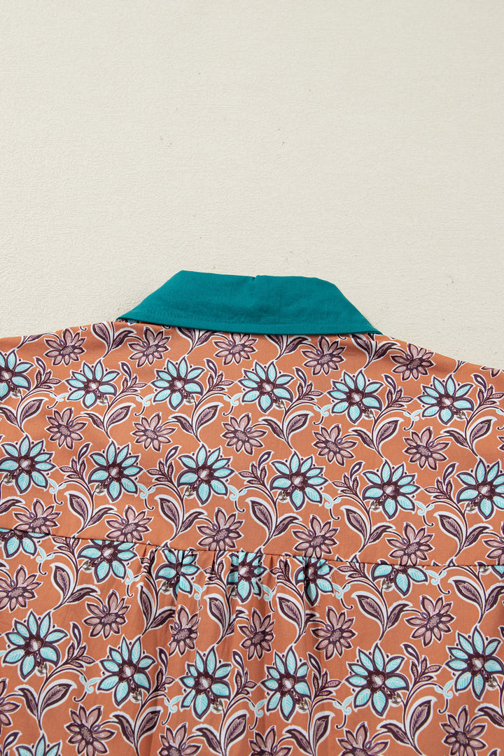 Orange Boho Floral Contrast Collared Shirt Mini Dress