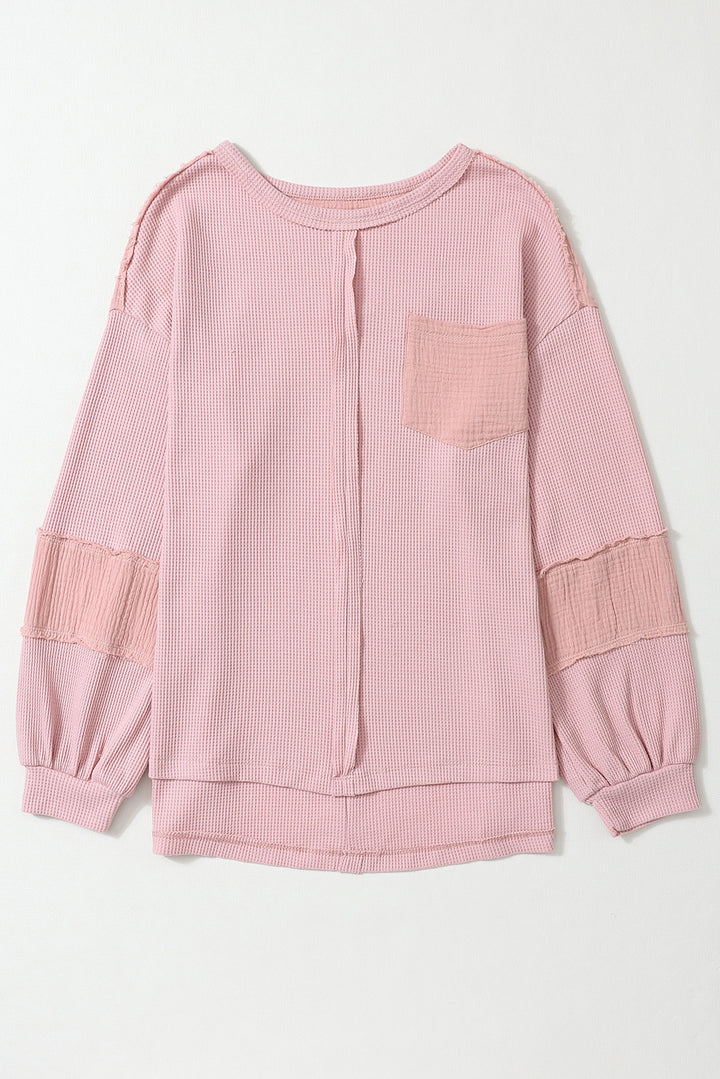 Pink Waffle and Crinkle Patchwork Long Sleeve Top