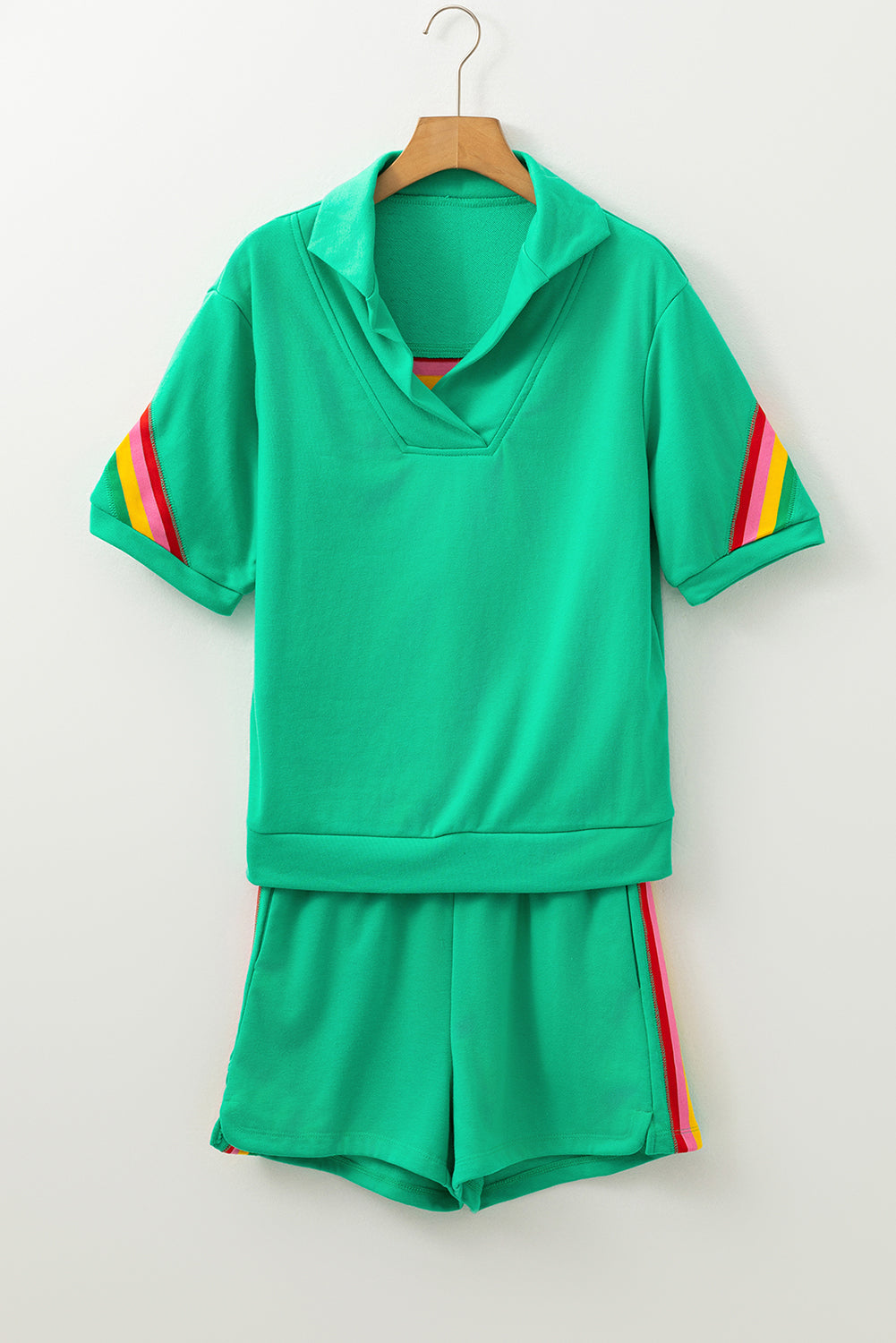 Rainbow Colorblock Collared Short Sleeve Top 2 Piece Shorts Set
