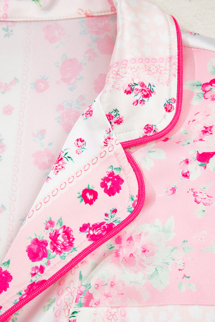 Pink Mixed Floral Print Contrast Piping Trim Satin Tie Pajama Set