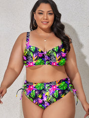 a woman in a colorful bikini top and bottom