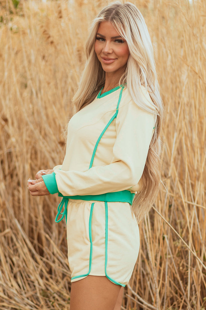 White Contrast Trim Colorblock Long Sleeve Pullover and Drawstring Shorts 2pcs Outfit