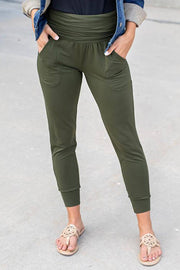Green High Waist Pleated Casual Pocket Leggings - Green / S