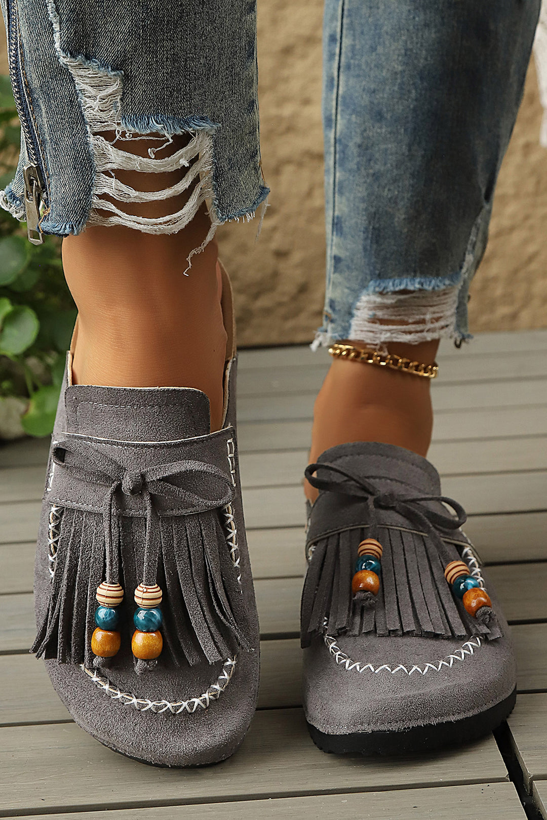 Boho Bow Fringed Faux Suede Slip-on Loafers