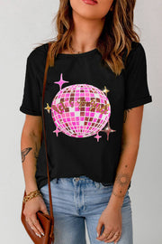 Black Sequin Disco Ball Graphic T Shirt -