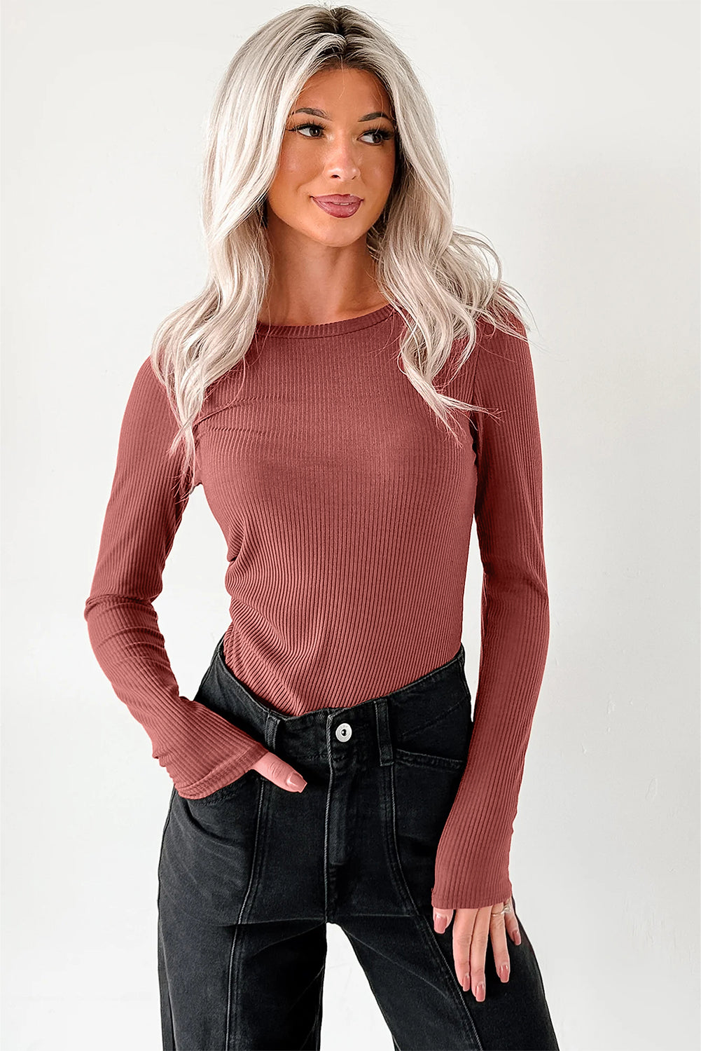 Ribbed Long Sleeve Crew Neck Solid Color Bodysuit