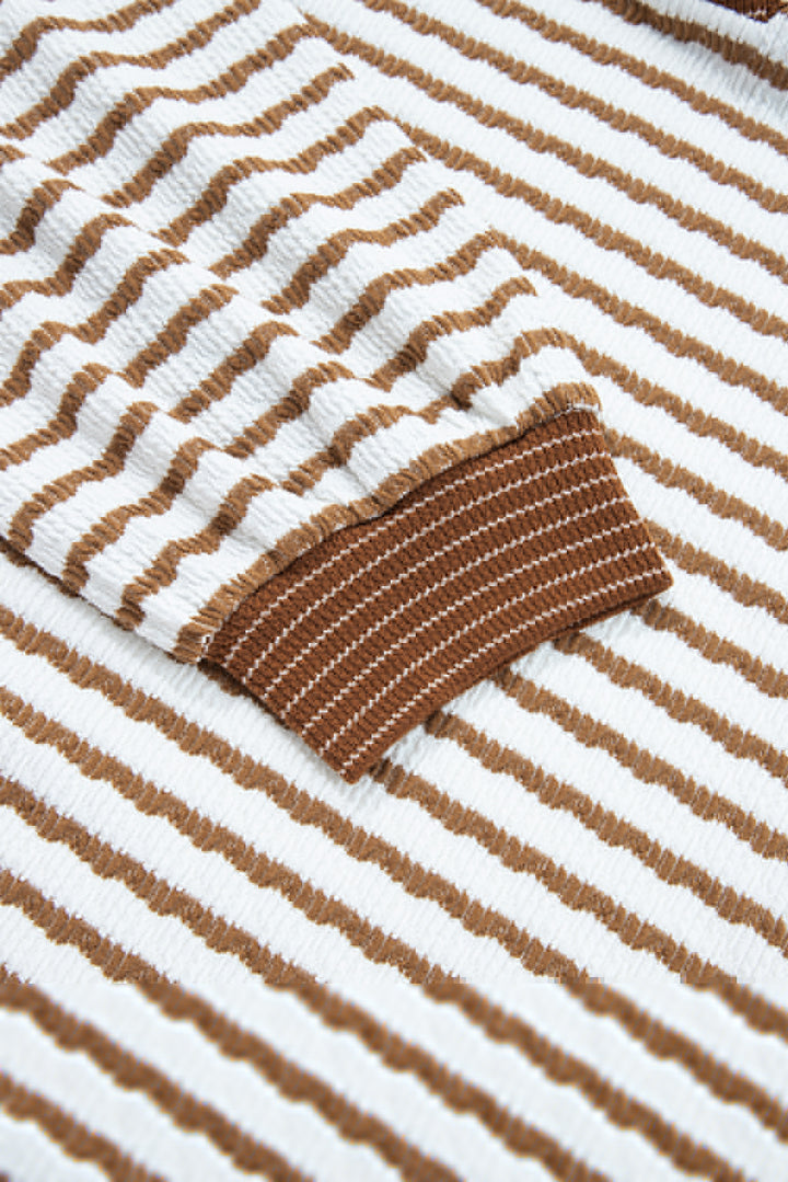 Khaki Stripe Plus Size Collared V Neck Loose Pullover Drawstring Elastic Waist Wide Leg Pant Set